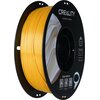 Zdjęcie przedstawia szpulę złotego filamentu do drukarki 3D marki CREALITY, z widocznym napisem "CREALITY 3D PRINTER FILAMENT" na czarnej etykiecie. Na etykiecie znajdują się również informacje: "CR-PLA SILK, Diameter: 1.75MM, Net Weight: 1KG, Extruder Te