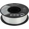 Czarna szpula z białym filamentem do drukarki 3D, na której widnieje napis "CREALITY 3D PRINTER FILAMENT". Na etykiecie znajdują się informacje: "CR-PLA SILK, Diameter: 1.75MM, Net weight: 1KG, Extruder Temp: 190°C-230°C" oraz kody QR z napisem "Share wit