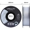 Na zdjęciu widoczna jest szpula filamentu do drukarki 3D z napisem "CREALITY 3D PRINTER FILAMENT" oraz "CR-PLA SILK". Dodatkowe informacje to: "Diameter: 1.75MM", "Net weight: 1KG", "Extruder Temp: 190°C-230°C", a także dwa kody QR i ikona astronauty.