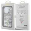 Opakowanie zawiera etui na telefon z przezroczystym tłem, ozdobione złotymi paskami i brokatem, z widocznym logo "GUESS". Na opakowaniu znajdują się napisy: "Mobile phone accessory", "Drop protection", "Slim profile", "Easy snap-on", oraz logo "GUESS" z i