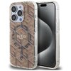 Brązowe etui na telefon z geometrycznym wzorem i przezroczystymi krawędziami, na którym widnieje napis "GUESS EST. 1981". Obok etui znajduje się telefon z czarnym ekranem.