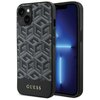 Czarne etui na telefon z geometrycznym wzorem w kształcie sześcianów, na którym widnieje napis "GUESS" w dolnej części. Obok etui znajduje się telefon z wyświetlaczem pokazującym niebieski wzór świetlny.