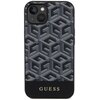 Etui na telefon z geometrycznym wzorem w odcieniach czerni i szarości, przypominającym sześcienne kształty. Na dole etui znajduje się napis "GUESS" w złotym kolorze.