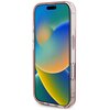 Przezroczyste etui na telefon z różowymi krawędziami, w którym znajduje się urządzenie z kolorowym ekranem wyświetlającym abstrakcyjne wzory w odcieniach niebieskiego, zielonego i pomarańczowego. Na boku etui widoczny jest przycisk, a na górze ekranu znaj