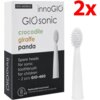 Pudełko z napisem "innoGIO GIOsonic" oraz "crocodile giraffe panda" zawiera ilustrację końcówki do szczoteczki, a obok znajduje się biała końcówka do szczoteczki. Na pudełku widnieje tekst: "Spare heads for sonic toothbrush for children – 2 pcs GIO-460" o