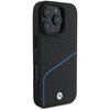 Czarne etui na telefon z teksturowaną powierzchnią i niebieską linią biegnącą ukośnie przez środek. Na dole widoczne jest okrągłe logo z niebiesko-białym wzorem.