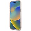 Etui na telefon w kolorze różowym, wykonane z przezroczystego materiału, ukazuje ekran smartfona z abstrakcyjną, kolorową grafiką. Na etui widoczne są przyciski boczne oraz wycięcia na aparat i inne elementy telefonu.