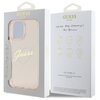 Opakowanie etui GUESS IML Heart do Apple iPhone 16 Pro w kolorze różowym, z przezroczystym okienkiem ukazującym etui z napisem "Guess" w sercu. Na opakowaniu widnieje tekst "NEVER STOP DREAMING!! Paul Marciano" oraz ikony z opisami funkcji, takich jak och