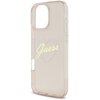 Przezroczyste etui na telefon w kolorze różowym z widocznym napisem "Guess" umieszczonym na tle delikatnego serca. Etui ma wycięcia na przyciski i aparat, a jego powierzchnia jest gładka i błyszcząca.
