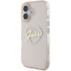 Przezroczyste etui na telefon z różowymi krawędziami, ozdobione białym napisem "Guess" umieszczonym na tle w kształcie serca. Etui posiada wycięcia na dwa obiektywy aparatu oraz przyciski boczne.