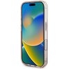 Różowe etui na telefon z przezroczystymi bokami, dopasowane do modelu Apple iPhone 16. Na ekranie telefonu widoczna jest kolorowa, abstrakcyjna grafika z gradientem w odcieniach niebieskiego, zielonego i pomarańczowego.