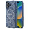 Niebieskie etui na telefon z widocznym wzorem 4G i dużym okręgiem, w którym znajduje się napis "GUESS". Etui jest przeznaczone do modelu Apple iPhone 16 Plus i posiada funkcję MagSafe.