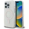 Przezroczyste etui na telefon z widocznym logo "GUESS EST 1981" oraz wzorem w delikatne, jasne motywy. Etui posiada okrągły element MagSafe i jest dopasowane do modelu telefonu z trzema obiektywami aparatu.
