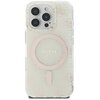 Przezroczyste etui na telefon z delikatnym wzorem w kolorze różowym, ozdobione logo "GUESS EST 1981" w centralnej części. Etui posiada okrągły element MagSafe, który jest widoczny na tle wzoru.
