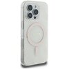 Przezroczyste etui na telefon z widocznym logo "GUESS" oraz napisem "EST 1981" na środku. Etui posiada okrągły wzór MagSafe w jasnym kolorze, a w tle widoczny jest subtelny wzór 4G.