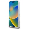 Przezroczyste etui na telefon z widocznymi przyciskami bocznymi, zaprojektowane dla modelu Apple iPhone 16 Pro Max. Na ekranie telefonu wyświetlany jest kolorowy, abstrakcyjny wzór z odcieniami niebieskiego, zielonego i pomarańczowego.