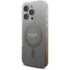 Przezroczyste etui na telefon z brokatowym gradientem w odcieniach brązu, z widocznym napisem "GUESS EST. 1981" na środku. Etui posiada okrągły wzór MagSafe oraz wycięcia na przyciski i aparat.