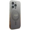 Przezroczyste etui na telefon z brokatowym gradientem w kolorze brązowym, z widocznym napisem "GUESS EST. 1981" na środku. Etui posiada okrągły wzór MagSafe oraz wycięcia na aparat i przyciski.