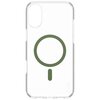 Przedstawione zdjęcie ukazuje przezroczyste etui z zielonym akcentem w kształcie okręgu, przeznaczone do telefonu Apple iPhone 16 Plus. Obok etui znajduje się opakowanie z napisem "CARE by PanzerGlass", informujące o kompatybilności z MagSafe oraz o roczn