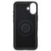 Czarne etui na telefon z wycięciem na aparat i okrągłym otworem, posiada nadrukowane logo oraz tekst: "Magnetic Case for iPhone - MagFit - Patent 1.663.223". Dodatkowo widoczny jest napis "Spigen Inc in Irvine California" oraz symbol w okręgu z napisem "A