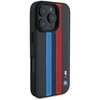 Czarne etui na telefon z trzema pionowymi, perforowanymi paskami w kolorach niebieskim, granatowym i czerwonym. W dolnej części etui znajduje się logo BMW z literą "M" i charakterystycznymi kolorowymi paskami.