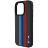 Czarne etui na telefon z trzema pionowymi, perforowanymi paskami w kolorach niebieskim, granatowym i czerwonym. W dolnej części etui znajduje się logo BMW oraz napis "M" z kolorowymi paskami.
