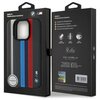 Opakowanie etui do telefonu z logo BMW M, z widocznymi trzema pionowymi paskami w kolorach niebieskim, granatowym i czerwonym. Na opakowaniu znajdują się napisy: "BMW M. Mobile phone accessory.", "Compatible MagSafe system", oraz informacje o funkcjach: "
