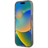 Przedstawione jest etui na telefon, które jest przezroczyste i dopasowane do modelu iPhone 16 Pro Max. Na ekranie telefonu widoczna jest kolorowa tapeta z gradientem w odcieniach niebieskiego, zielonego i pomarańczowego.