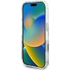 Przezroczyste etui na telefon z widocznymi przyciskami bocznymi i wycięciem na aparat. Na ekranie telefonu wyświetla się kolorowa, abstrakcyjna grafika z gradientem w odcieniach niebieskiego, zielonego i pomarańczowego.