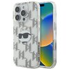 Przezroczyste etui na telefon z nadrukiem przedstawiającym stylizowaną głowę kota w okularach przeciwsłonecznych oraz wzorem z liter "K" i "L" w kropki. Na boku etui widnieje napis "KARL LAGERFELD".