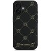 Czarne etui na telefon z wzorem w postaci drobnych, jasnych kropek tworzących romby, wewnątrz których znajdują się kontury głowy w okularach. Na dole etui widnieje napis "KARL LAGERFELD".
