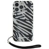 Etui na telefon z wzorem przypominającym paski zebry, w kolorach czarnym i białym, posiada przezroczyste krawędzie. Na dole etui widnieje napis "KARL LAGERFELD", a z boku przymocowany jest czarny sznurek.