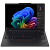 Laptop z otwartym ekranem wyświetlającym kolorową grafikę oraz interfejs systemu Windows 11, z widocznym paskiem zadań i ikonami aplikacji. Klawiatura jest pełnowymiarowa z charakterystycznym czerwonym trackpointem, a na obudowie znajduje się logo ThinkPa
