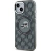 Przezroczyste etui na telefon z czarnym wzorem monogramu i grafiką przedstawiającą postacie w okularach przeciwsłonecznych, otoczone napisem "KARL LAGERFELD". Etui jest dopasowane do modelu telefonu z dwoma widocznymi obiektywami aparatu.