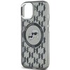 Przezroczyste etui na telefon z czarnym wzorem monogramu i okrągłym emblematem przedstawiającym postacie w okularach przeciwsłonecznych, otoczone napisem "KARL LAGERFELD". Produkt jest przeznaczony do modelu Apple iPhone 15 i posiada funkcję MagSafe.