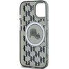 Przezroczyste etui na telefon z czarnym wzorem monogramu i okrągłym emblematem przedstawiającym dwie postacie w okularach przeciwsłonecznych. Produkt jest przeznaczony do Apple iPhone 15 i posiada funkcję MagSafe.