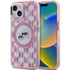 Różowe etui na telefon z wzorem monogramu i okrągłym emblematem przedstawiającym postacie w okularach przeciwsłonecznych, otoczone napisem "KARL LAGERFELD". W tle widoczny jest ekran telefonu z kolorowym gradientem.