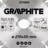 Na zdjęciu widoczna jest tarcza do cięcia z oznaczeniami: "57H683", "GRAPHITE", "ø 210x30 mm", "EN 847-1", oraz piktogramami wskazującymi na zastosowanie do cięcia sklejki i drewna, maksymalną prędkość 6500 min⁻¹, kąt 15°, grubość 2.0 mm i 1.2 mm, 40 TPI, oraz technologię TCT.