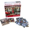 Pudełko puzzli TACTIC o nazwie "Lovers Christmas Porch" zawiera 1000 elementów i przedstawia świąteczną scenę z choinką i czerwonym samochodem. Na pudełku widnieje napis "My Favourite Season!" oraz wymiary 67 x 48 cm, obok leży stos rozsypanych puzzli i k