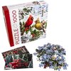 Pudełko puzzli z napisem "PUZZLE 1000" przedstawia dwa ptaki na gałęzi w zimowej scenerii, a obok leży stos nieułożonych elementów oraz dwie pocztówki z zimowymi motywami. Na pudełku widnieje napis "My Favorite Season".