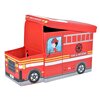 Czerwona pufa w kształcie wozu strażackiego z grafiką strażaka w oknie, napisem "FIRE & RESCUE" oraz symbolem straży pożarnej na boku. Przód pufy przypomina maskę pojazdu z reflektorami i tablicą rejestracyjną z napisem "F001".
