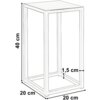 Na zdjęciu znajduje się metalowy kwietnik o prostokątnej podstawie, z wymiarami 40 cm wysokości, 20 cm szerokości i 20 cm głębokości, z grubością ramy 1,5 cm. Kwietnik ma prostą, industrialną konstrukcję w kolorze czarnym.