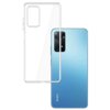Przezroczyste etui na telefon jest umieszczone obok niebieskiego smartfona, na którym widoczny jest napis "Redmi" w dolnej części obudowy. Etui ma wycięcia na aparat i przyciski, a smartfon posiada prostokątny moduł aparatu z kilkoma obiektywami.