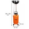 Pomarańczowa zlewarka do oleju z czarną misą na górze, oznaczona jako "NEO TOOLS", z podanymi wymiarami: wysokość 100-160 cm, szerokość 27 cm, głębokość 45 cm. Produkt posiada dwa kółka u podstawy oraz przezroczysty wąż przymocowany do misy.