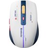 Biała mysz komputerowa z niebieskimi i czerwonymi elementami, posiada widoczny tekst: "MM-282", "Portable & Compatible", "Wireless Type-C Charging Port" oraz logo "defender". Na myszy znajduje się żółte kółko przewijania i czerwony przycisk.