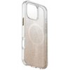 Przezroczyste etui na telefon z różowo-złotym połyskiem, przeznaczone do modelu Apple iPhone 16 Pro. Na dolnej części etui widoczne jest logo producenta.