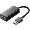 Czarny adapter USB do RJ-45 z logo "UGREEN" na obudowie oraz na wtyczce USB. Adapter posiada port Ethernet z oznaczeniami "ACT" i "LINK" oraz widocznymi diodami.