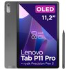 Na zdjęciu widoczny jest szary tablet z wyświetlaczem OLED o przekątnej 11,2 cala oraz rysik. Na ekranie tabletu znajduje się napis: "OLED 11,2" Lenovo Tab P11 Pro + rysik Precision Pen 3".