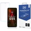 Na zdjęciu znajduje się opakowanie produktu "3mk FlexibleGlass Lite" oraz smartfon z nałożonym szkłem hybrydowym, na ekranie którego widnieje napis "Motorola Moto G55". Opakowanie jest w kolorze niebieskim z białymi napisami, a na nim znajduje się grafika