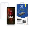 Opakowanie produktu "3mk SilverProtection+" do telefonu Motorola Moto G55 5G jest widoczne obok telefonu z wyświetlaczem pokazującym logo 3mk i napis "MOTOROLA MOTO G55". Na opakowaniu znajdują się informacje o ochronie ekranu, w tym "KILLS 99% OF GERMS" 